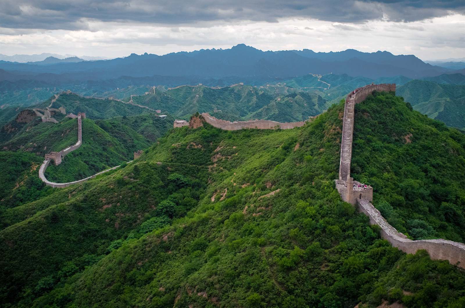 The Great Wall of China running along the ridges at Jinshanling