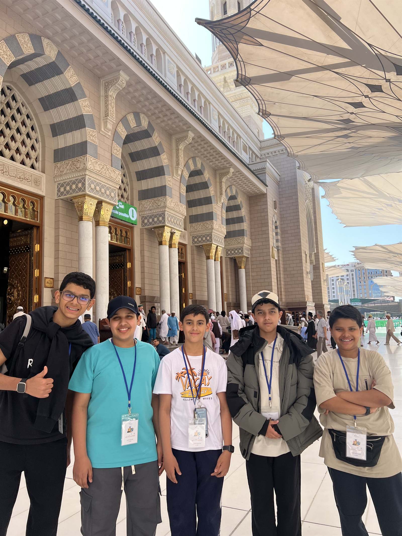 The colonnades and minaret of the Prophet's Mosque in Madinah